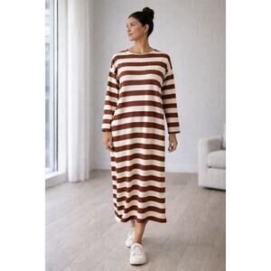 Tory Burch Cotton Jersey Striped Midi Dress Auburn Cream Casual Academia Small